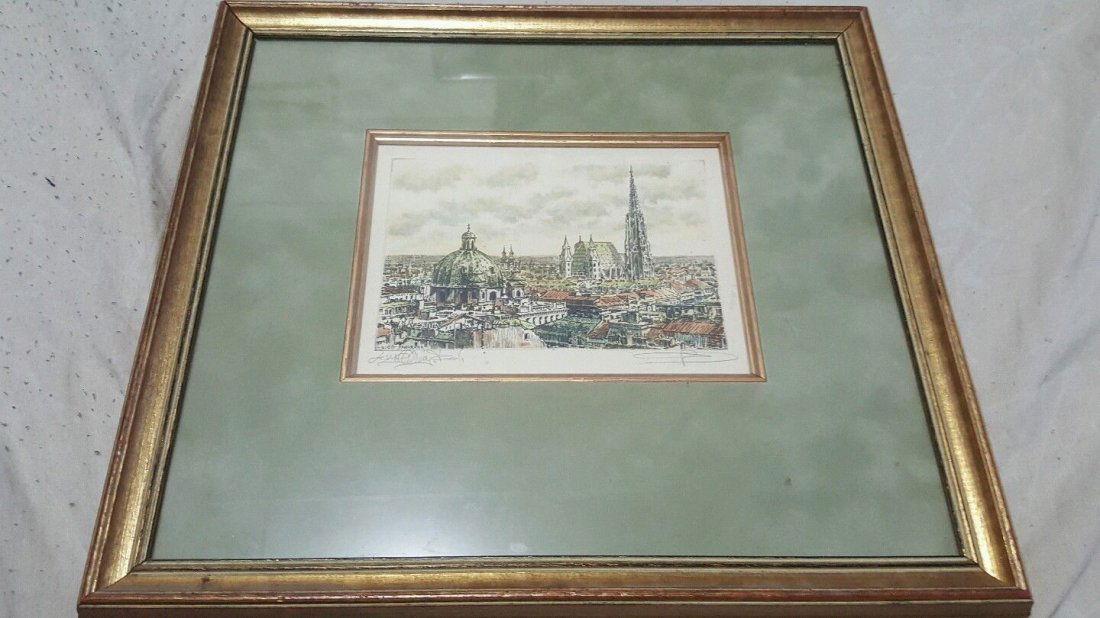 Gerson Kovacs Signed radierung etching, Wien Panorama,: Gerson Kovacs Signed radierung etching, Wien Panorama, Unframed 5 x 3 ½, Framed 11 x 10 inches, Frames with a solid wooden frame and protected by glass,Provenience: Consignment, New York.Provenience: