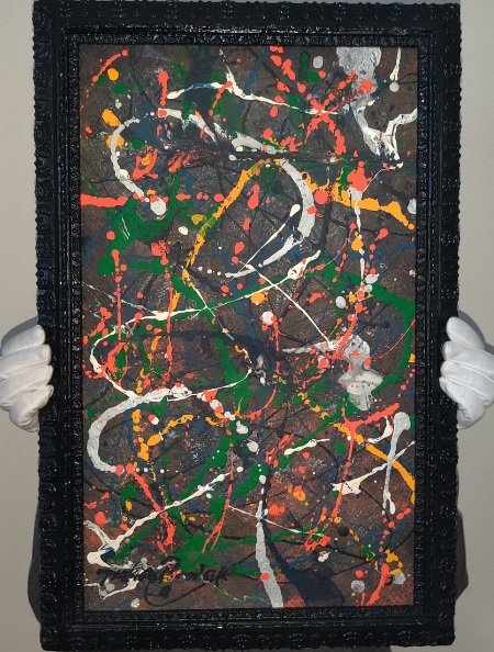 Jackson Pollock drip painting on canvas: Jackson Pollock drip painting on canvas, signed left bottom corner. Vibrant colors on a very thick canvas, absolutely stunning artwork. Framed with a vintage wooden frame and protected by plexiglass. 