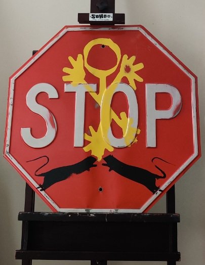 Blek Le Rat, street art on real embossed STOP sign: Blek Le Rat, street art on real embossed STOP traffic sign, signed upper left, dimensions L 24 x H 24 inches, weight approx. 8 lbs. Condition: signs of wear and age, multiple scratches, bend, missing