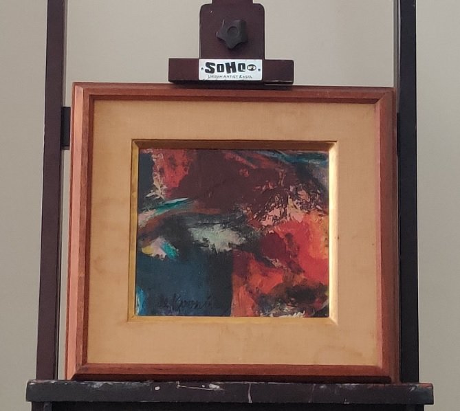 Willem de Kooning oil on masonite: Willem de Kooning (1904 – 1997) a very small size, abstract painting, oil on masonite, signed bottom left corner. Framed with a vintage wooden double frame. Dimensions unframed: L 9 ½ x H 8 ½ inch