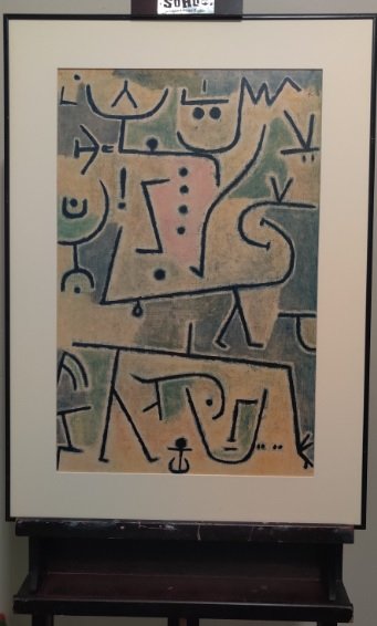 Paul Klee lithograph Red Waistcoat, print signed: Paul Klee (1879- 1940) vintage lithograph print Red Waistcoat by Klee, one of the lithographs with his signature included. Printed Signed in the upper right corner. Framed with a vintage aluminum fram