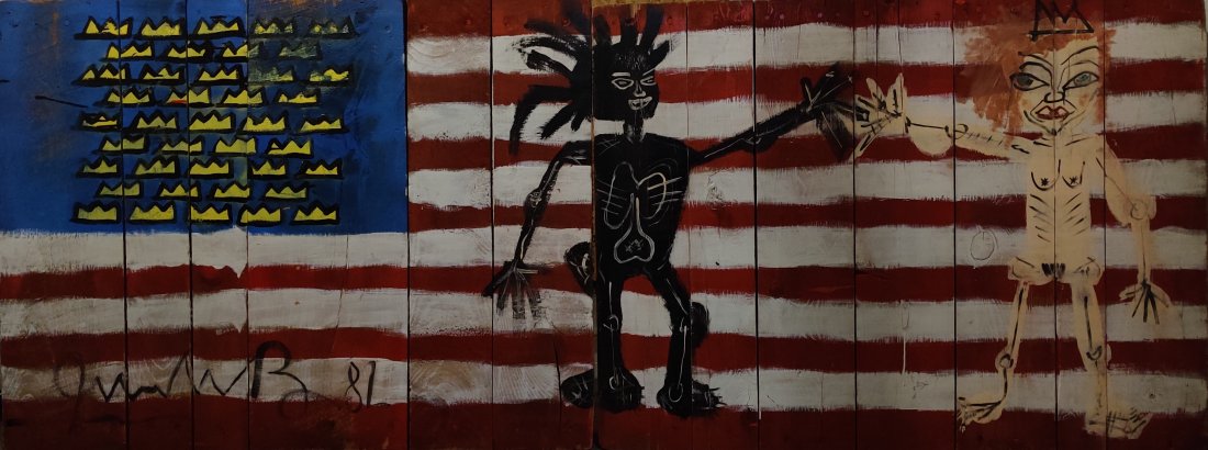 J.M. Basquiat, HUGE USA flag: J.M. Basquiat, HUGE USA flag, Basquiat and Madonna holding they hands, on 2 (two) old wooden pallets (skids), signed and dated1982 lower left corner, HUGE dimensions L 94 x 10 x 37 H inches ( L 47 x W