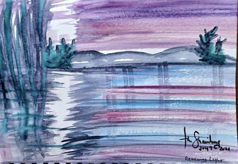 Remaining Light: Remaining Light by Abe Shainberg. Watercolor on paper, 5 x 7 inches (unframed) Provenance: directly from the artist. Abe Shainberg specializes in watercolor art and is a colorist. Abe prefers painting