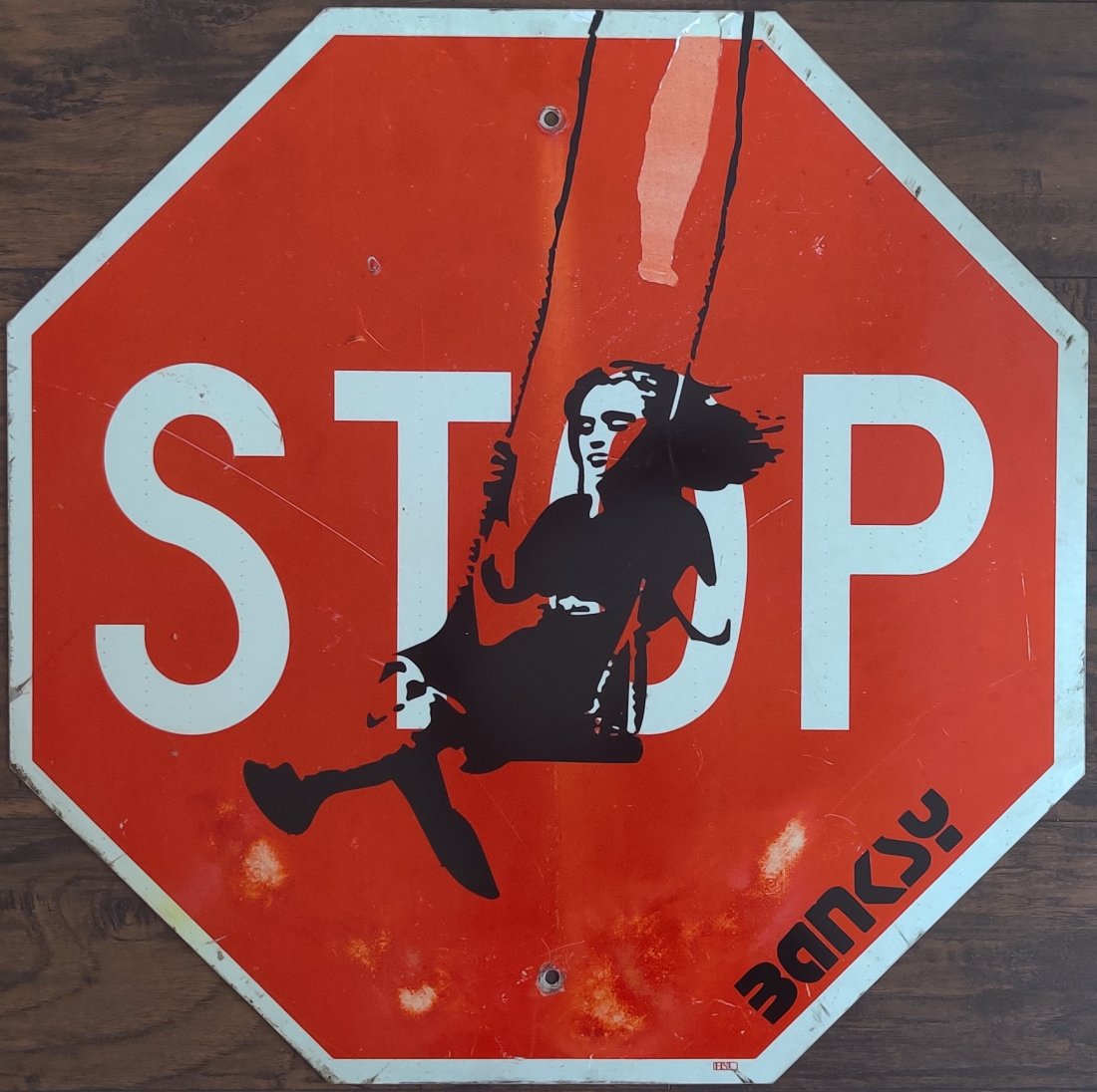 Swing girl street art spray paint: Swing girl, street art spray paint artwork on real aluminum STOP, signed lower right corner Banksy. Dimensions unframed: L 30 x H 30 inches. Condition: signs of wear and aging. Sale it as it is, final