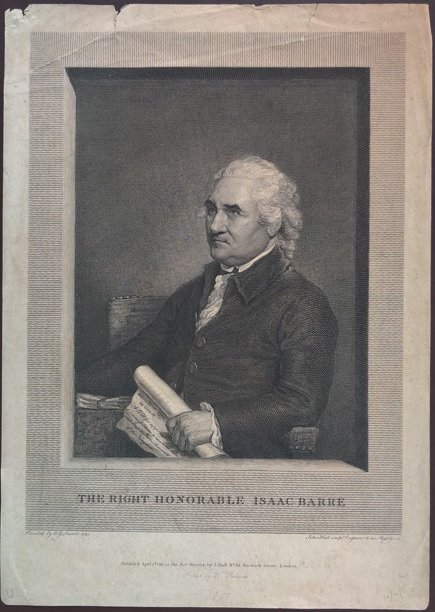 Colonel, the Right Honourable Isaac BarrÃ©, MP: Colonel, the Right Honourable Isaac BarrÃ©, MP (1726-1802) (after Gilbert Stuart) by John Hall (Wivenhoe 1739 â€“ London 1797) Line engraving on paper, printed by W Richards. Dimensions L 10 x