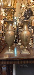 Pair of Brass Vases with handles: Pair of Brass Vases with handles, dimensions: diameter 7 x H 19 inches (This lot is for pair of vases only, other objects in the photo are NOT included) Condition: good, please follow the pictures