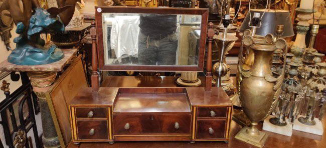 Edwardian English mahogany dressing stand with mirror: Edwardian English mahogany dressing stand with mirror (no key available) Dimensions: L 27 x W 8 x H 23 inches (This lot is for dressing stand only, other objects in the photo are NOT included)