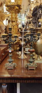 Pair of 19th C French Dore. Bronze patina with 4 arms candelabra: Pair of 19th C French Dore. Bronze patina with 4 arms candelabra and snuffers. Dimensions: diameter 7 x H 20 inches (This lot is for pair of French Dore only, other objects in the photo are NOT