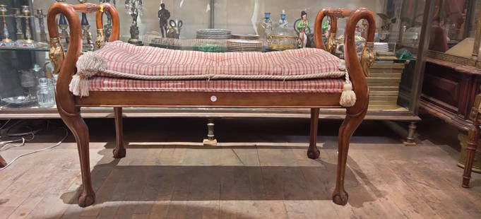 Empire style window bench with bronze swan heads, ball and claw feet: Empire style window bench with bronze swan heads, ball and claw feet. Dimensions: L 39 X W 18 x H 26 (seat 19) inches (This lot is for bench only, other objects in the photo are NOT included)