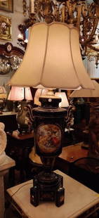 Lamp with 2 bulbs, Royal Vienna style: Lamp with 2 bulbs, Royal Vienna style. Porcelain cobalt blue with lion and ring mask handles. Dimensions: diameter 10 (13 with handles, 22 with shade) x H 36 inches (This lot is for Lamp only, other