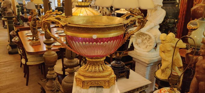 Oval crystal, bronze mounted overlay centerpiece: Oval crystal, bronze mounted overlay centerpiece. Dimensions: diameter 11 (23 handles included) x H 14 inches (This lot is for bowl only, other objects in the photo are NOT included) Condition: good,