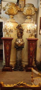 Pair of walnut pedestals hand painted with marble top: Pair of walnut pedestals hand painted with marble top. Dimensions: L 16 x W 16 x H 50 inches. (This lot is for pedestals only, other objects in the photo are NOT included) Condition: good, please