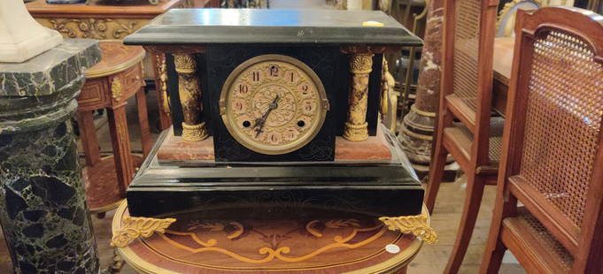 American ebonized mantle clock.: American ebonized mantle clock. Dimensions: L 17 x W 7 x H 11 inches. (This lot is for clock only, other objects in the photo are NOT included) Condition: no guaranty on working condition, please