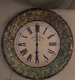 Oversized metal framed circular clock: Oversized metal framed circular clock. Dimensions: diameter 44 x W 4 inches. (This lot is for clock only, other objects in the photo are NOT included) Condition: no guaranty on working condition,
