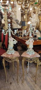 Pair of porcelain figural candelabra, venetian candelabra with 4 lights: Pair of porcelain figural candelabra, venetian candelabra with 4 lights. Dimensions: diameter 11 x H 22 inches. (This lot is for candelabra only, other objects in the photo are NOT included)