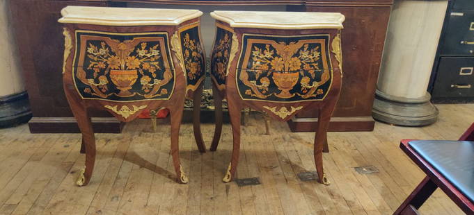 Pair of Louis XV style bronze mounted, marble top night stands: Pair of Louis XV style bronze mounted, marble top. Night stands with 2 drawers bombe, hand painted. Dimensions: L 25 x W 14 x H 30 inches. (This lot is for stands only, other objects in the photo are