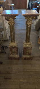 Pair of French bronze mounted Royal Rouge marble pedestals: Pair of French bronze mounted Royal Rouge marble pedestals. Dimensions: L 12 x W 12 x H 47 inches. (This lot is for pedestals only, other objects in the photo are NOT included) Condition: good