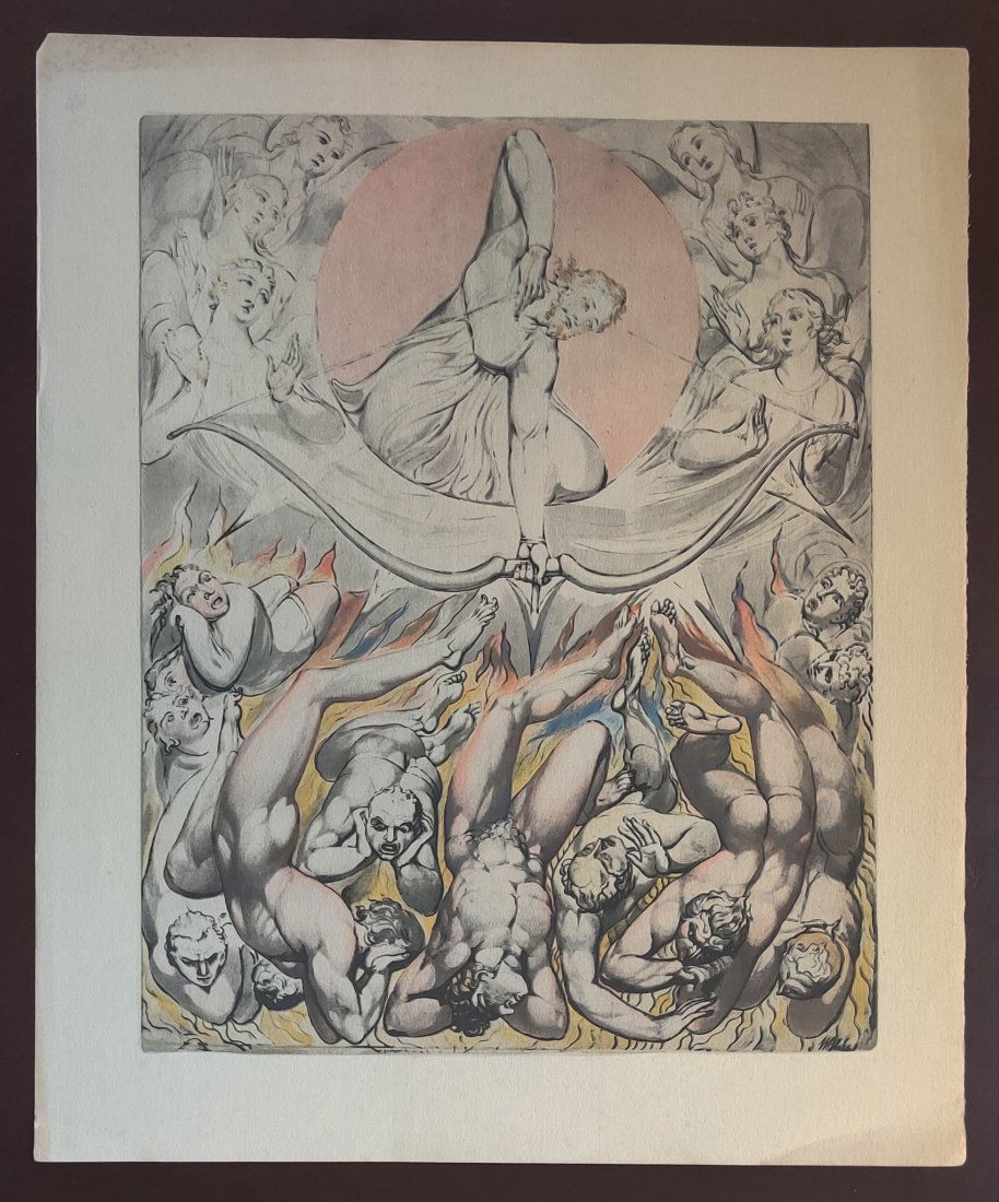 William Blake no.1 of 9: William Blake no.1, signed lower right corner print on wove paper finished in ink. Dimensions unframed, L 13 x H 16 inches. Condition: good, please follow the pictures. Sale it as it is, finale sale,