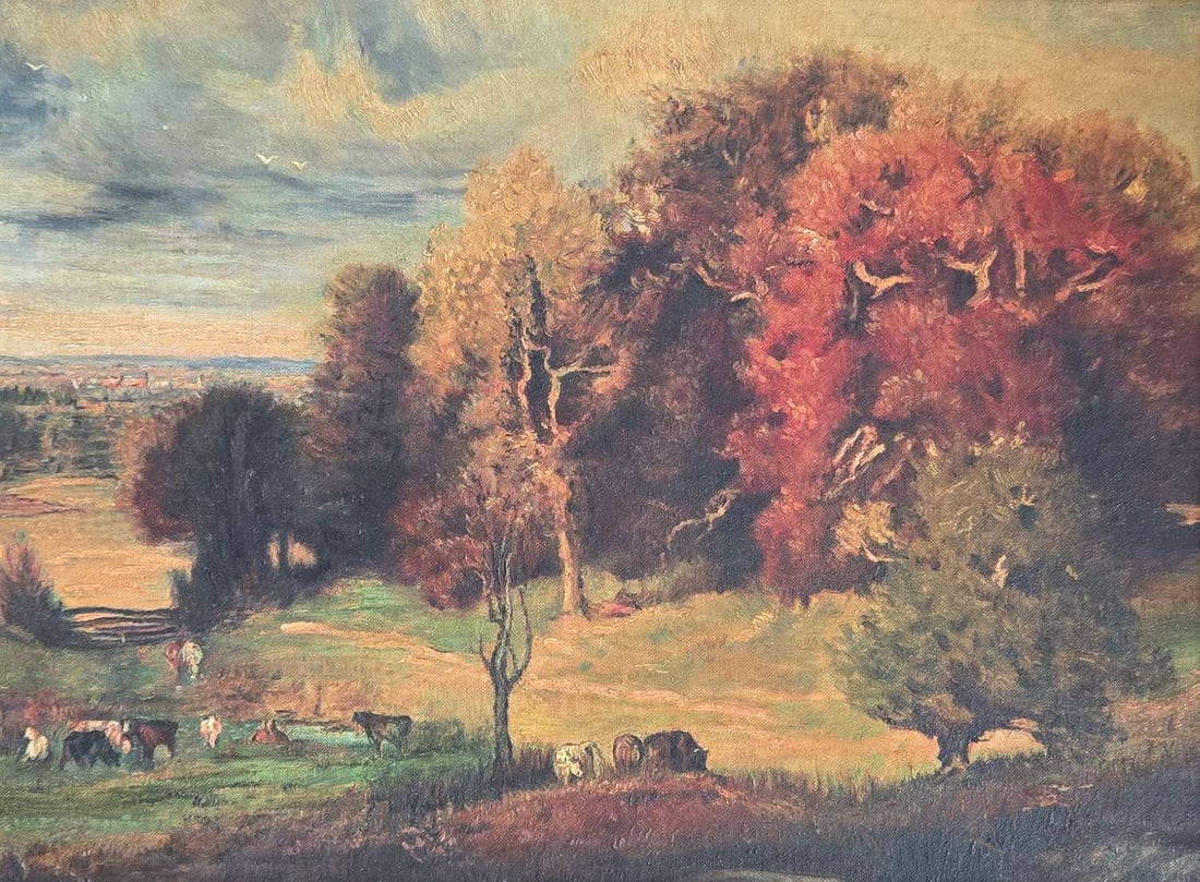 Theodore Clement Steele oil on panel canvas: Theodore Clement Steele oil on canvas panel unsigned painting. Dimensions: L 23 x H 19 inches framed, L 16 x H 12 inches unframed artwork. Provenance: Private collection, New York, NY, USA. Sales acco