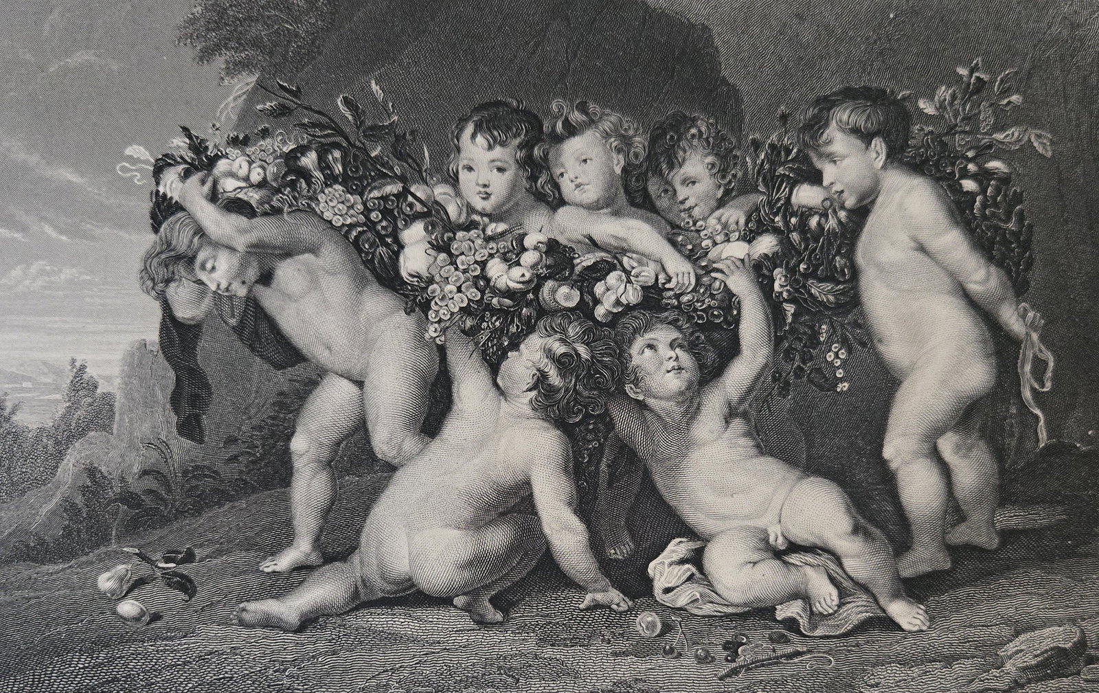 Steel engraving after The Garland of Fruit by Peter Paul Rubens: 19th C Steel engraving after The Garland of Fruit by Peter Paul Rubens. The original painting, The Garland of Fruit by Peter Paul Rubens is located at Alte Pinakothek Museum located in Munich, Germany