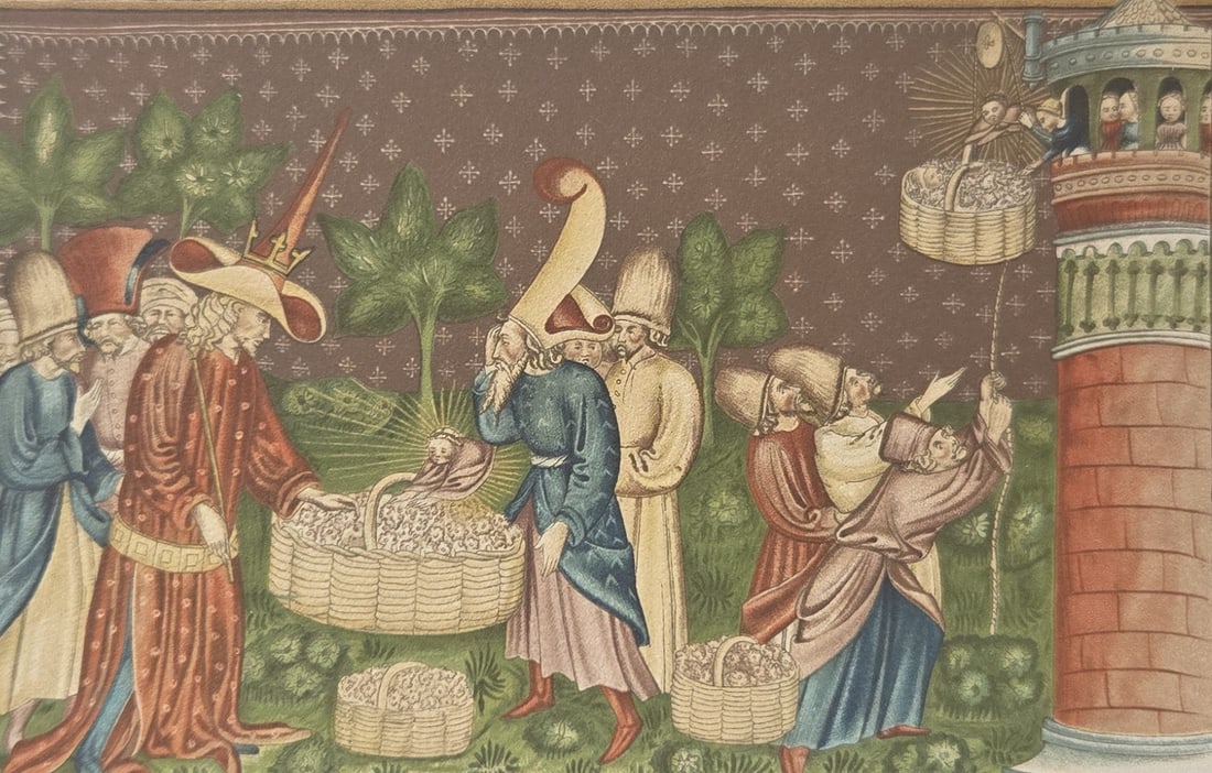 Color lithograph after a scene from Giovanni Boccaccios 14thcentury romance novel Il Filocolo: Color lithograph Jacopo Sannazaros Arcadia, after based on a 14th century manuscript illustration from the Universitatsbibliothek Kassel. Private collection, New York, NY, USA.