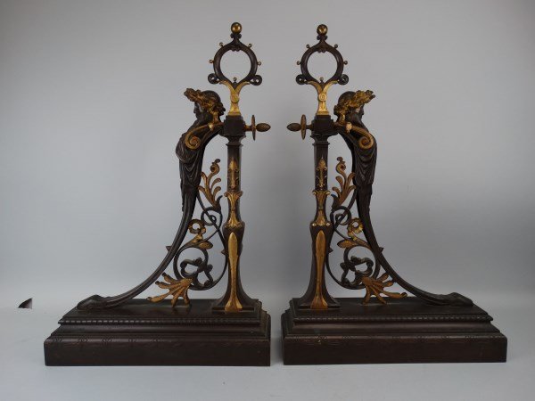 Pair of Napoleon III Bronze & Iron Andirons: Pair of Napoleon III Bronze & Iron Andirons Size: 24" H x 16" W x 4.5" D