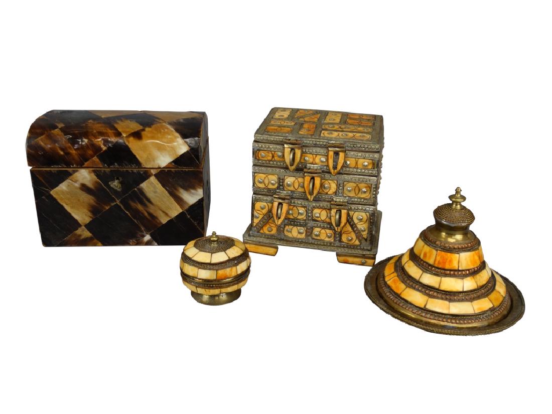 Group of Bone & Horn Overlay Decorative Boxes: Group of Bone & Horn Decorative Boxes 3 Bone & Metal Storage Containers. 1 small horn box. Size : 7 " L x 5" W x 5.25" H - Horn Overlay Box