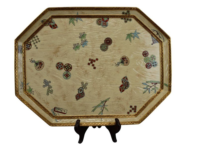 Antique Royal Worcester Aesthetic Tray: Antique Royal Worcester Aesthetic Tray with Japanese Medallions on Faux Bois Ground Size: 17.25" x 13.25"