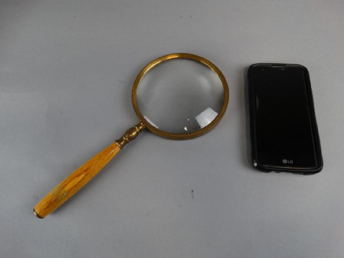 Vintage Brass and Wood Magnifying Glass: Vintage Brass and Wood Magnifying Glass. Size: 11.5" L x 5" Dia