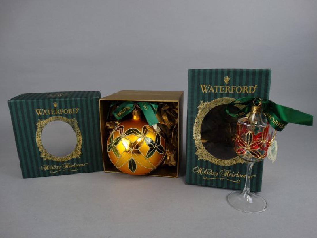 2 Waterford Blown Glass Christmas Ornaments: 2 Waterford Blown Glass Christmas Ornaments In Original Boxes. Limited Series. One Round , One Wine Glass Shaped Ornament.