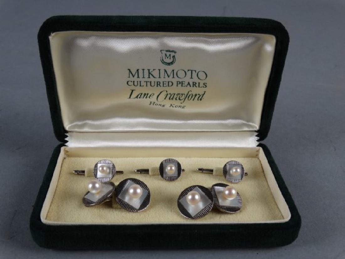 Mikimoto Pearl Cufflink & Button Covers: Mikimoto Pearl Cufflink & Button Covers Silver & Cultured Pearls, 3 Button Covers & 1 Pair of Cufflinks.