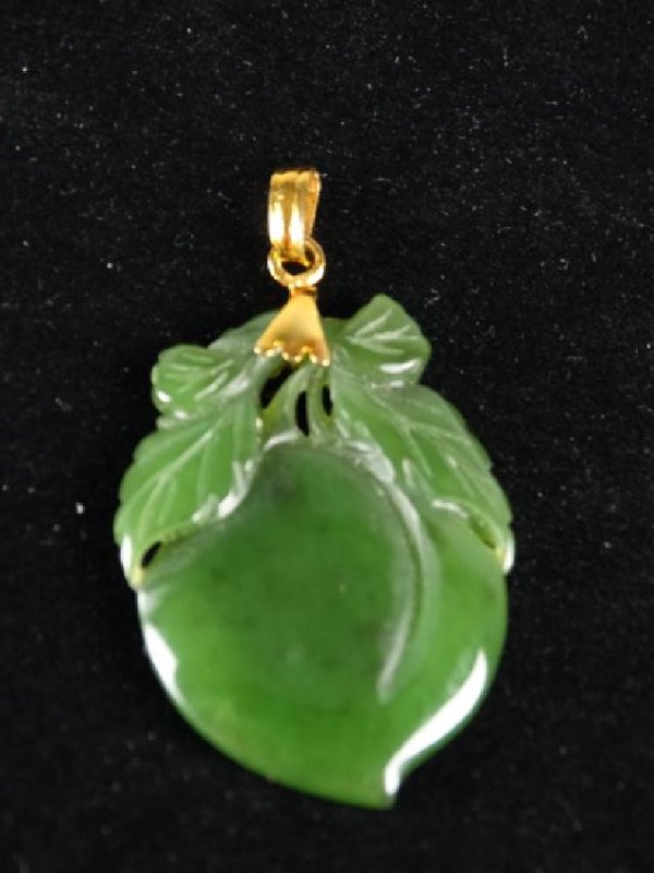 Carved Spinach Jade Peach set in Gold (1 of 3)