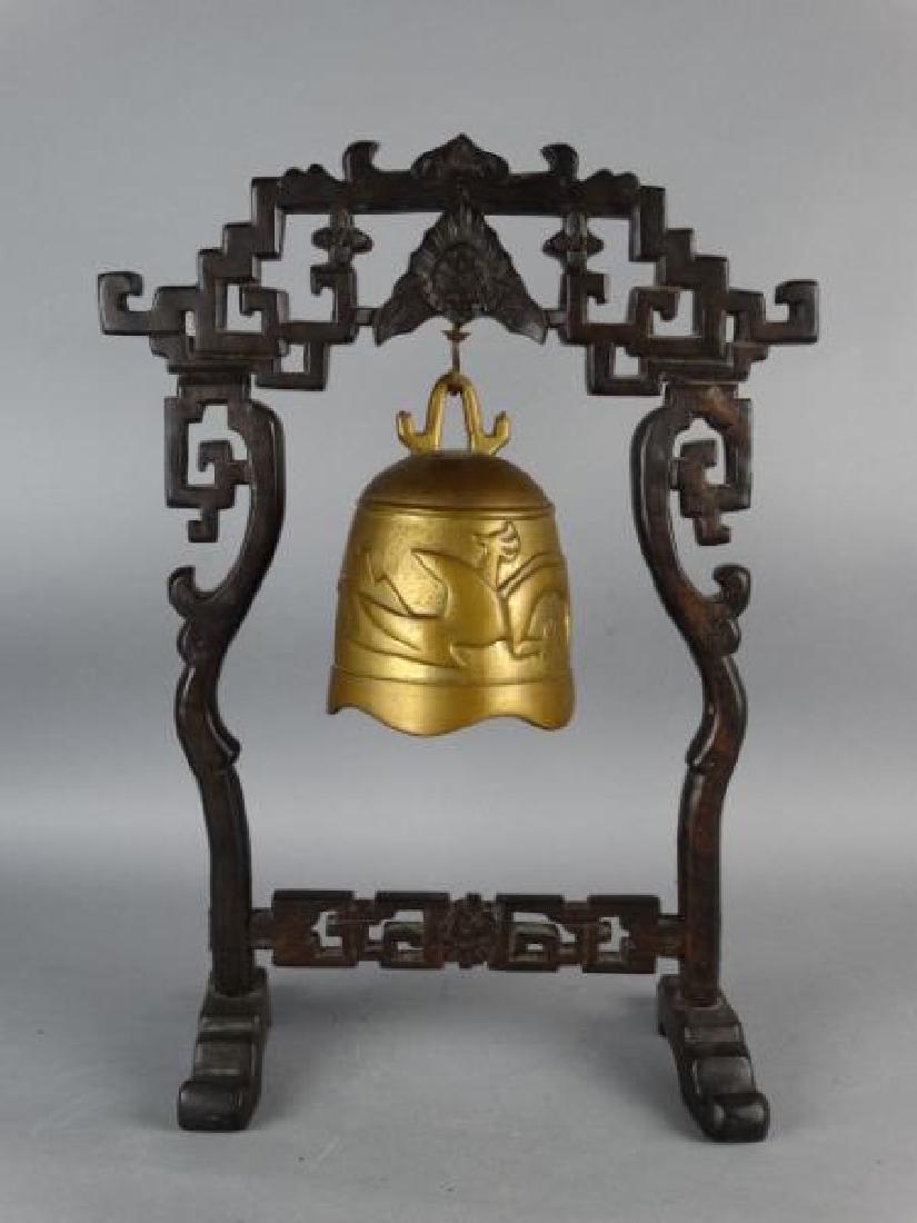 Chinese Bronze Bell on Carved Wooden Base (1 of 5)