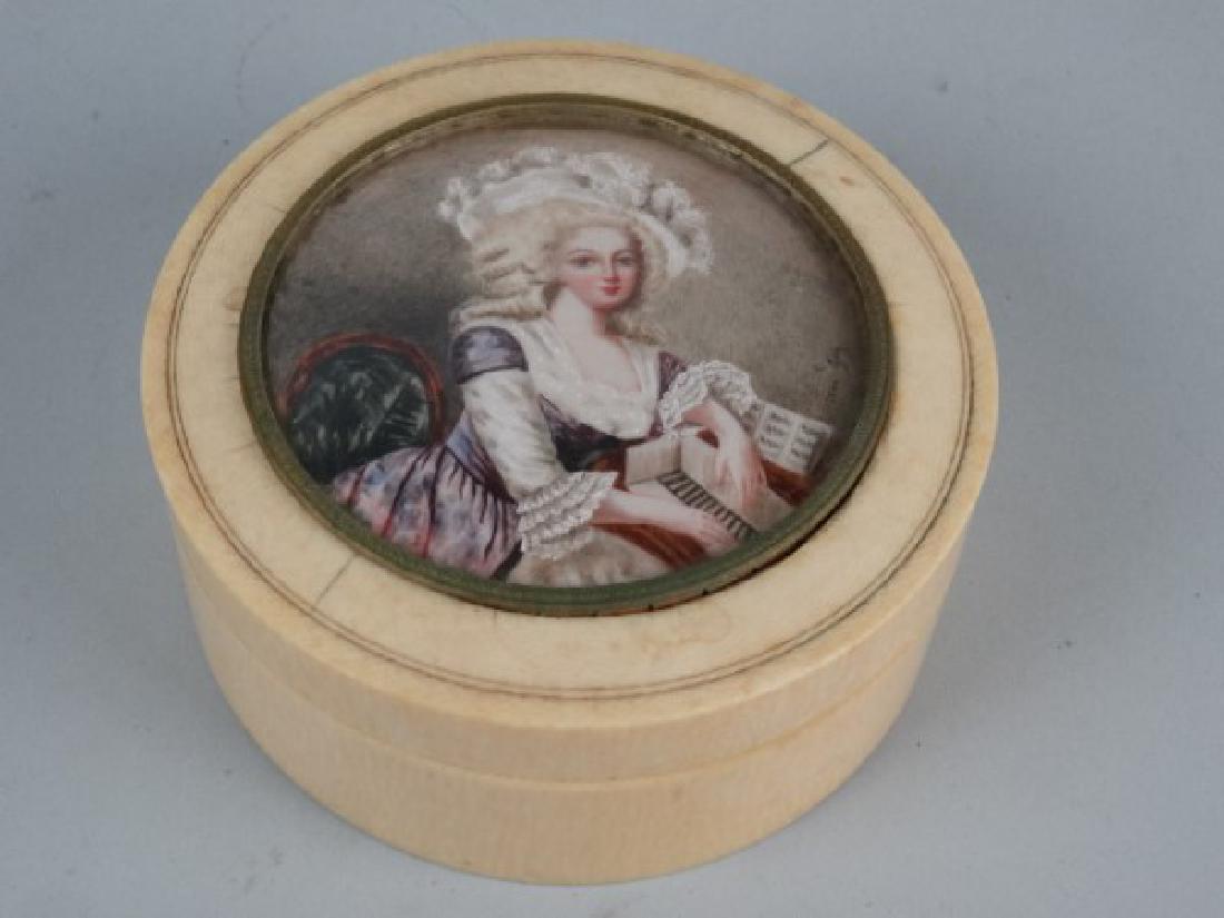 Carved Dresser Box w/ Portrait Miniature on Top: Carved Dresser Box w/ Portrait Miniature on Top by artist Jean Guy. Size : 2" H x 4.25" Dia.