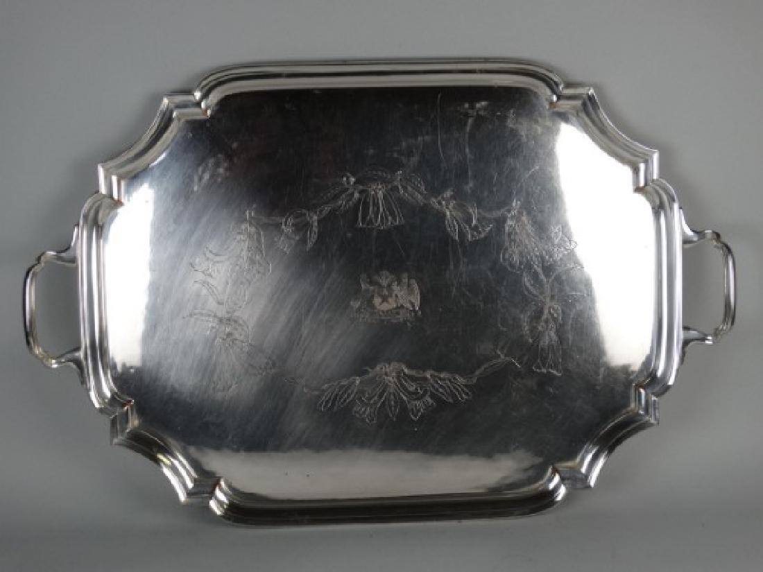Large Silverplated Serving Tray: Large Silverplated Serving Tray with the Chilean Crest in the center. Size : 28" L x 18.5" W
