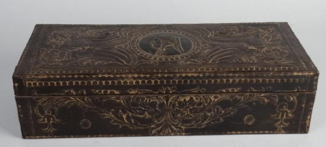 Antique Embossed Leather Casket: Antique Embossed Leather Casket Size : 3" H x 12" L x 4.75" W