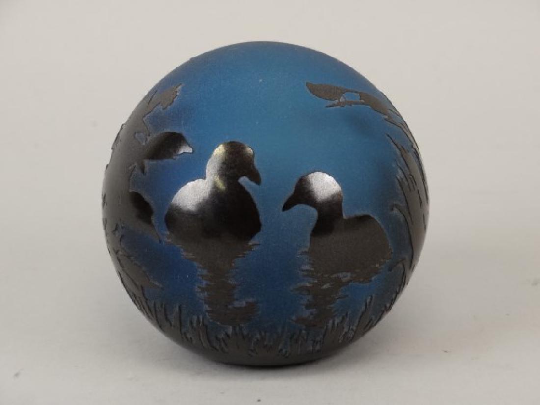 Orient & Flume Paperweight: Orient & Flume Paperweight - Ducks on a pond. Numbered 15/50 Signed J.C. 07/2012 Size: 3" H