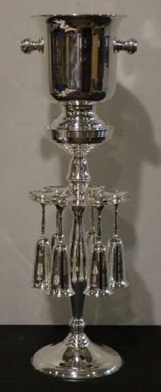 Wallace Silversmiths Champagne Toasting Set: Wallace Silversmiths Champagne Toasting Set, complete with Chiller, 6 Goblets, & Stand. Size : 30 1/2" H