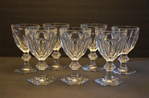 Lot of 63 Baccarat Harcourt Pattern Glasses: Features 7 of 9 Different Glasses. Includes Fluted Champagne, Water Goblet, Claret, Port Wine, Highball, Sherry, Flat Tumbler, Cordial & Double Old-Fashioned. Basically set of 6 w/ a spare for each gl
