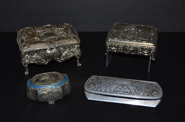 Lot of 4 Embossed Vanity Items: 3 Dresser Boxes, 1 Glass Case, Contains Antique Glasses That Have Broken Glass