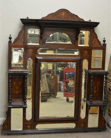 Antique Marquetry Inlaid Mahogany Mirrored Shelf: Size : 54" H x 48" W x 6" D