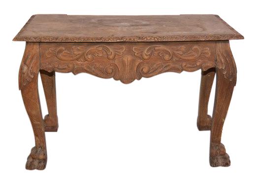 South American Rococo Revival Mahogany Sofa Table: Early - mid. 20th C., the rectangular top w/ flower bloom relief edge apparently repurposed from a chest is raised on leafy knee carved cabriole legs endingin lion's paw feet. CONDITION : Fair conditi