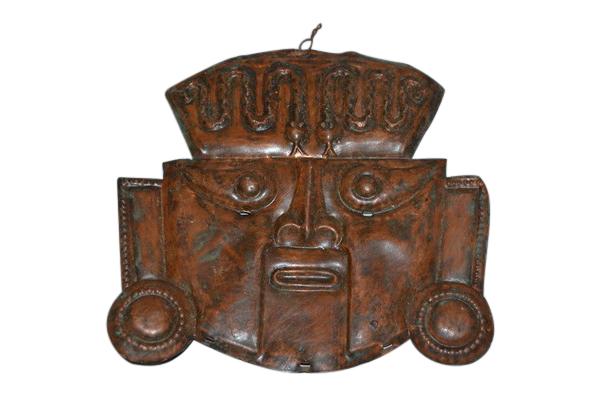 Peru Incan Moche Copper Mask: SIZE: 8 3/4" H X 9" W PROVENANCE: Property from the private estate collection of a Peruvian gentleman; Houston, Texas.