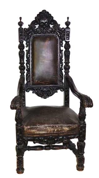A Charles II Style Ebonized Fauteuil: Mid - Late 19th C. w/ shell crest and pierced scrolling acanthus within foliate urns w/ ball finials on profusely carved supports flanking a rectangular leather upholstered back, over a trapezoidal se