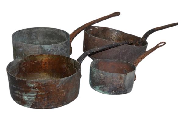 4 Antique French Copper Pots: SIZES: 13",12", 11", 8" Dia. PROVENANCE: Property from the private estate collection of a Peruvian gentleman; Houston, Texas.