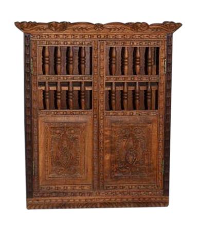 South American Spanish Colonial Mahog. Panettiere: Spanish Colonial Revival Mahogany Panettiere Hanging Wall Cabinet. 20th C., the angled serpentine flower scroll carved crown over a primitive bead and lappet edge surrounding two doors and side panels