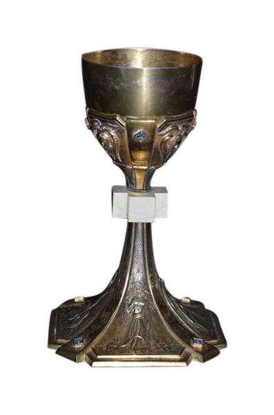 Italian Jeweled Silver Gilt Communion Chalice: .800 Silver with "629" & "MI" in lozenge.. Milano, Italy 1960-1970. 15.68 Troy Ounce. TW "The Tixi family in memory of Don Miguel Picasso, 9-2-1964" SIZE: 8 3/4" H PROVENANCE: Property from the privat