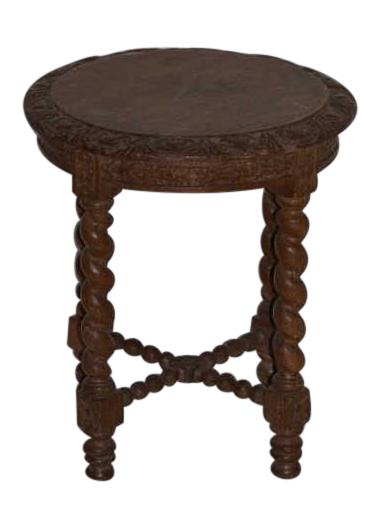 A Mahogany Barley Twist Leg Side Table: Mid 20th C. raised circular top within flower demilune relief edge, over a flower chain skirt, raised on barley twist legs w/ block and rosettes on bun feet, joined by a bobbin turned X form stretcher