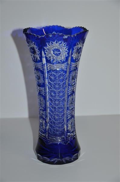 Cut-to-Clear Cobalt Vase: Has a chip to the rim. 9" H