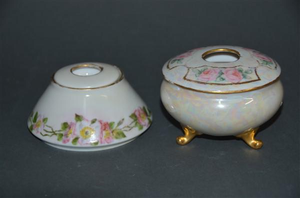 Lot of 2 Bavarian Porcelain Hair Receivers: 3" H x 4" Dia. on Footed one.
